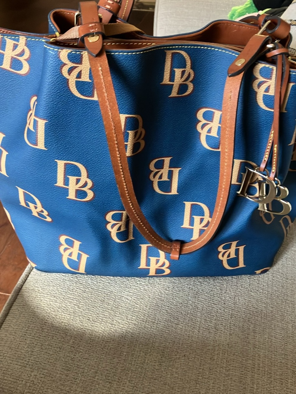 Dooney & Bourke Blue Logo Tote with Brown Trim and DB Charm